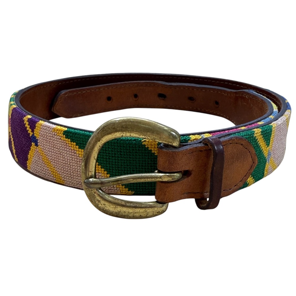 Women's Needlepoint Belt 31" Small Leather Multicolor Preppy Argyle Brass Buckle